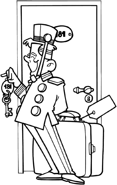 Bellboy taking luggage to room vinyl sticker. Customize on line. Restaurants Bars Hotels 079-0292